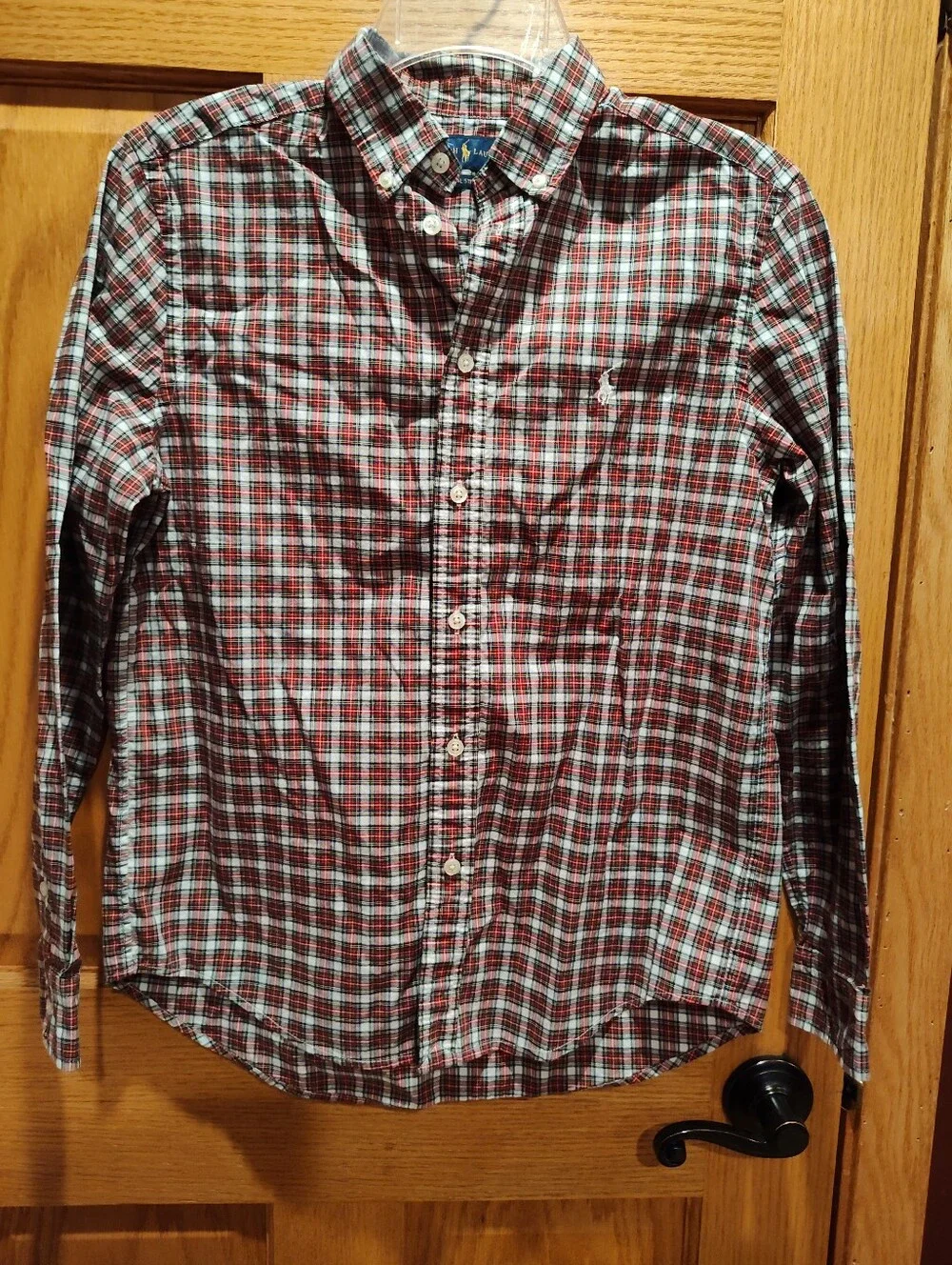 Ralph Lauren Boys Red and White Plaid Button-Down Shirt, Cotton, Stretch